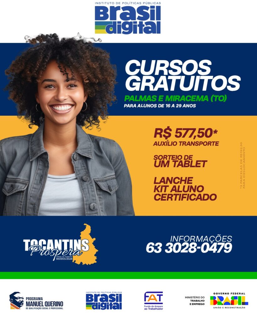 O Instituto de Políticas Públicas Brasil Digital traz a Palmas e Miracema o Projeto Tocantins Prospera, ofertando cursos de Social Media, Marketing Digital, Design Digital, Fundamentos de Redes de Computadores, Lógica de Programação para Desenvolvimento Web, Criação de App Mobile e Pilotagem de Drone para Aplicação Agrícola. As inscrições são limitadas e TOTALMENTE GRATUITAS! Para mais informações, entre em contato com o Brasil Digital, de segunda a sexta-feira, das 8h às 18h, pelo telefone (63) 3028-0479